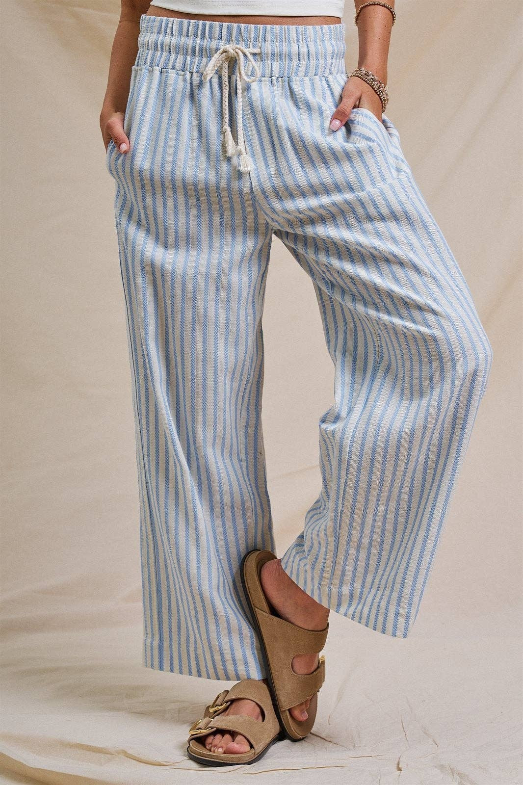 Cotton Stripe Wide Leg Drawstring Pants