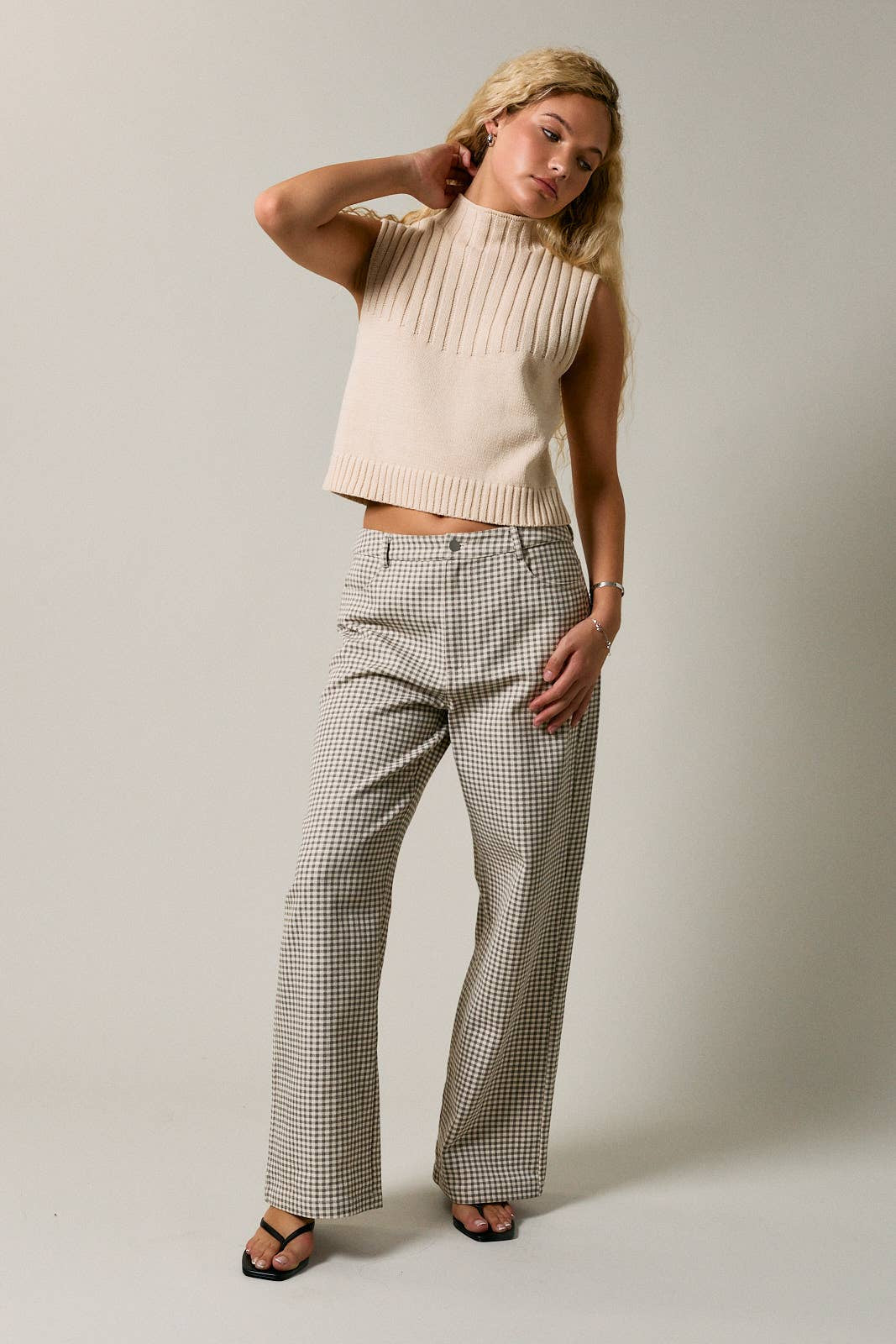 MID RISE WIDE LEG PLAID PANTS