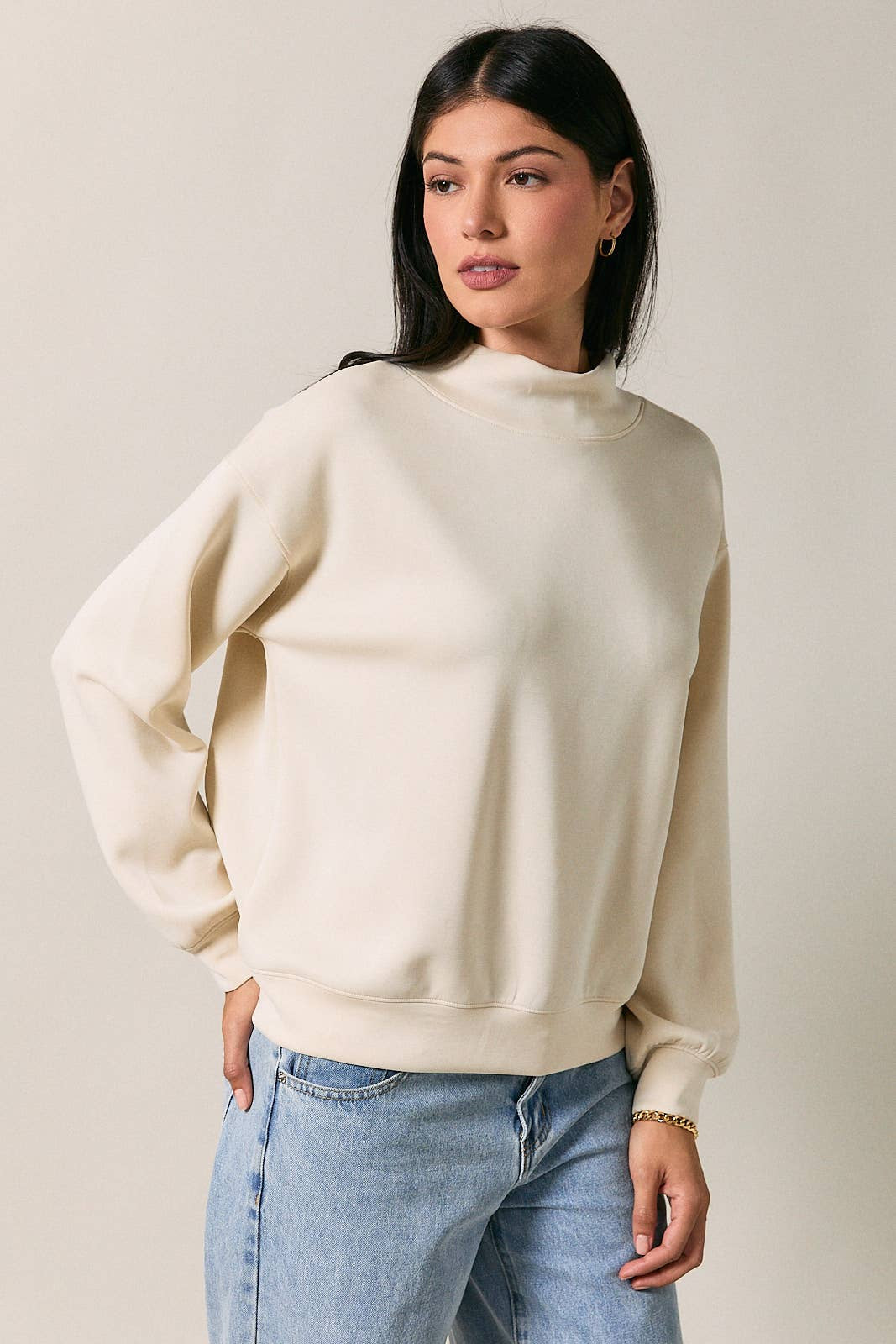 MOCK CREW NECK LONG SLEEVE DROP SHOULDER OVERSIZED SWEAT TOP