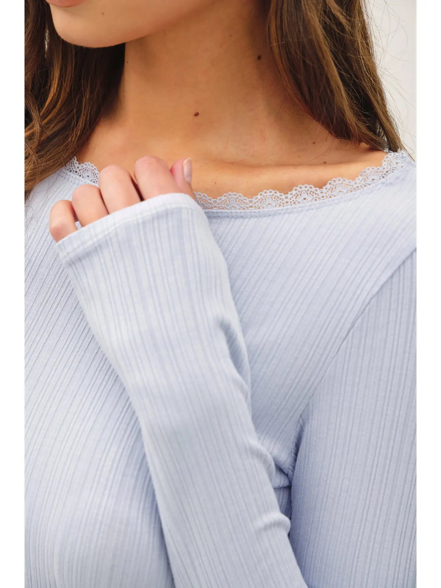LACE TRIM RIBBED LONG SLEEVE