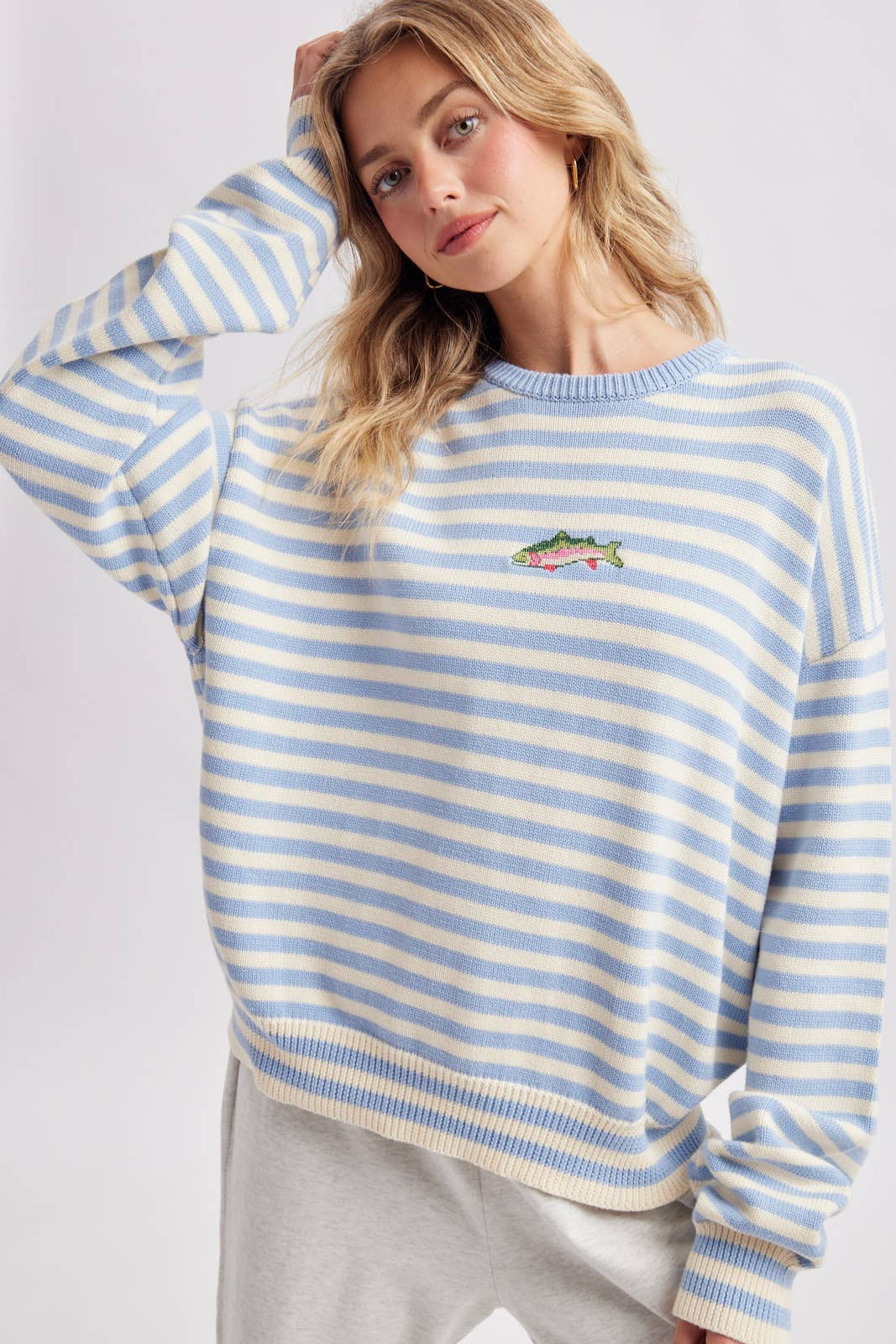 STRIPED FISH GRAPHIC SWEATER