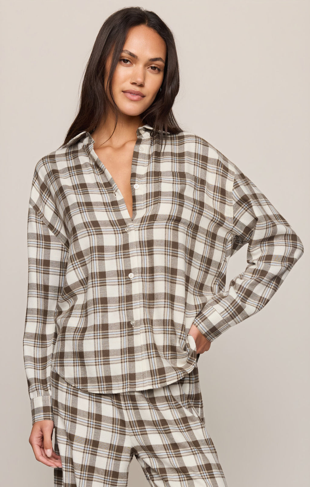 RIVER PLAID BUTTON UP COCOA BEAN