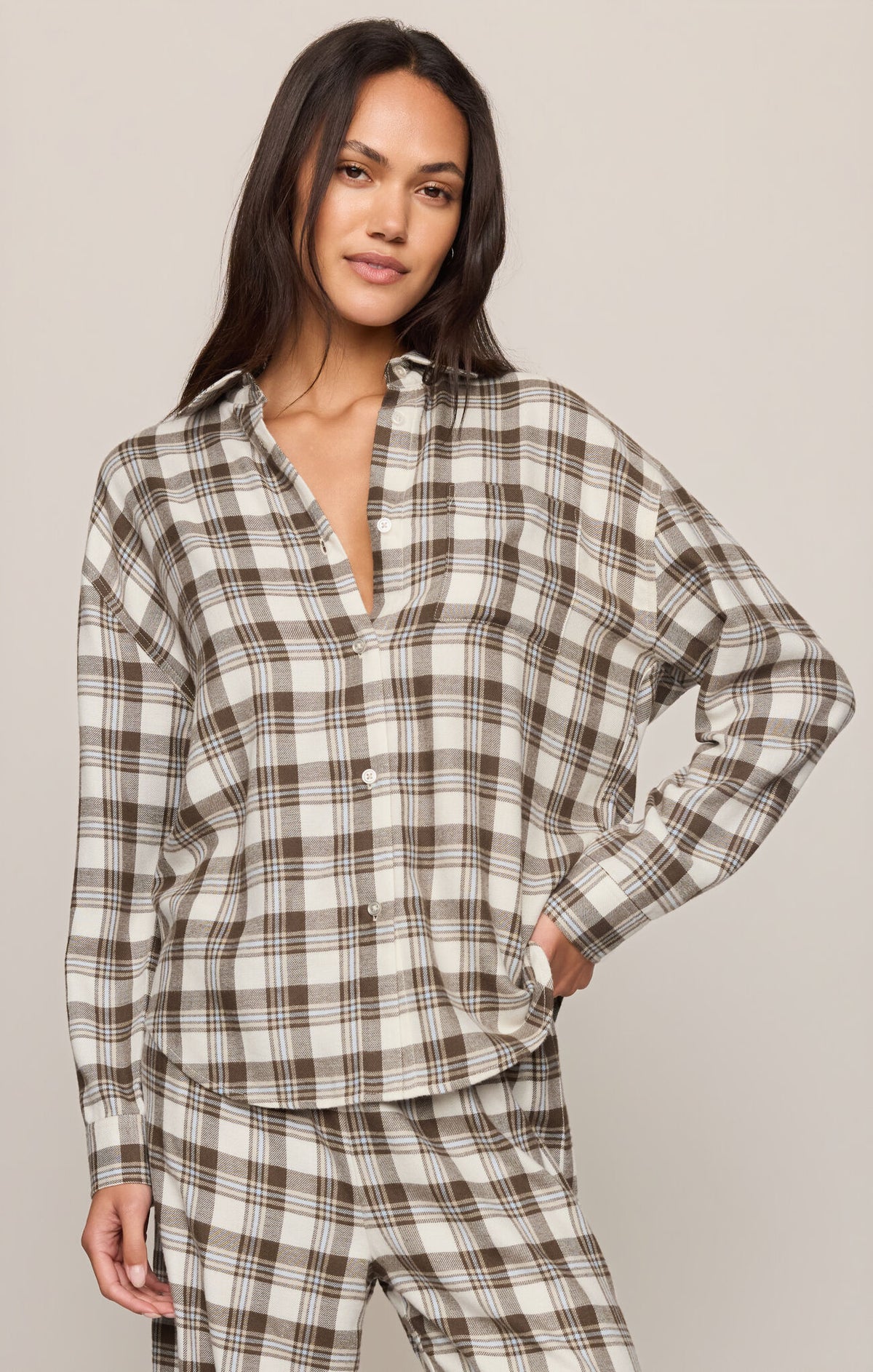 RIVER PLAID BUTTON UP COCOA BEAN