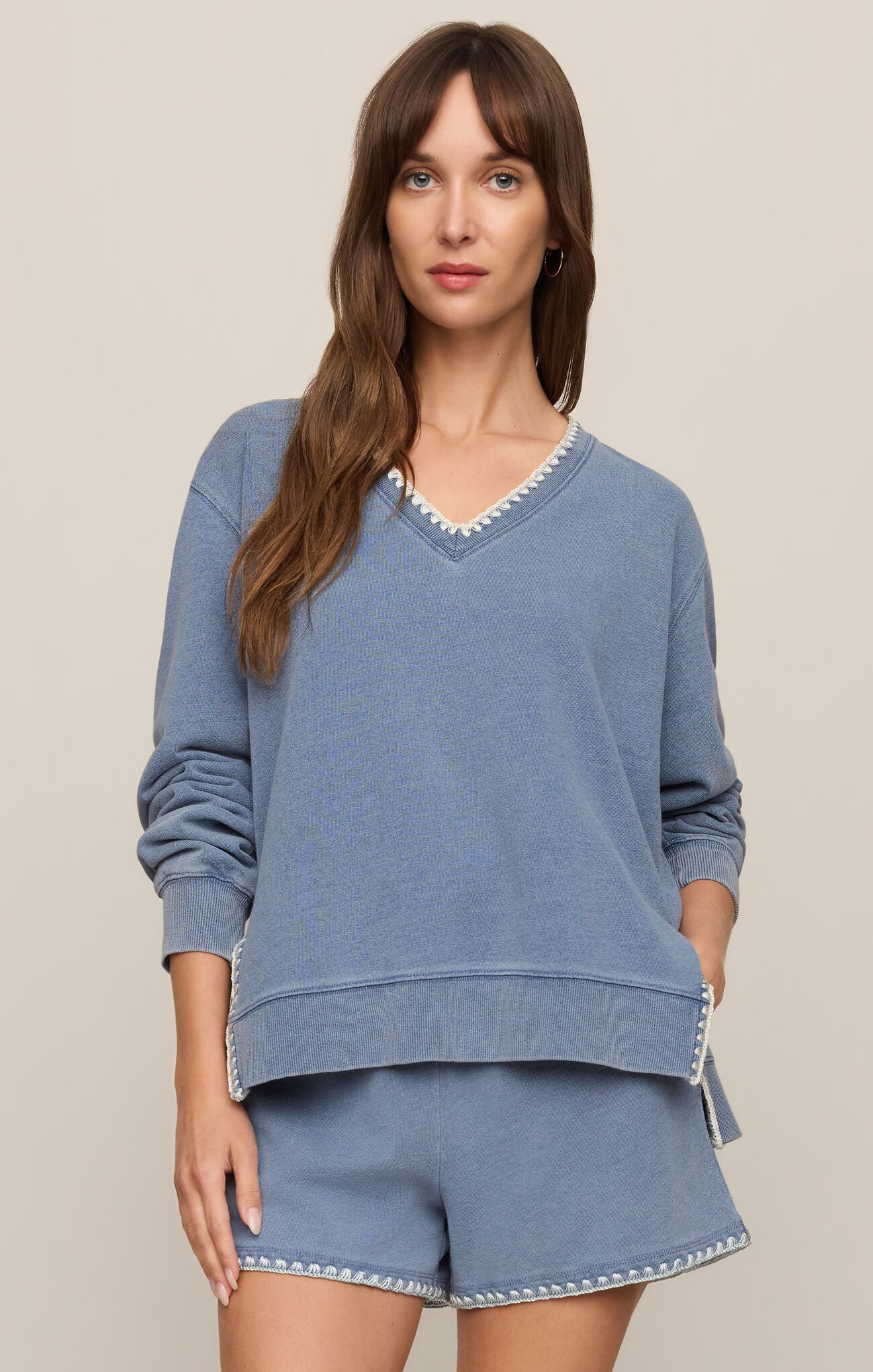 Cam Knit Denim Whipstitch Top